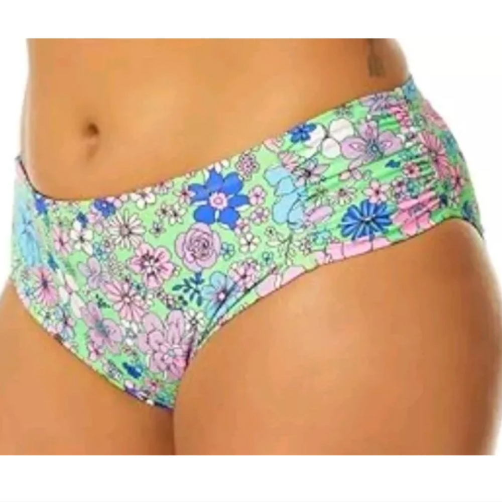 Salt Cove Peony Party Bikini Swim Bottom 16W 18W Neon Green Floral Shirred New